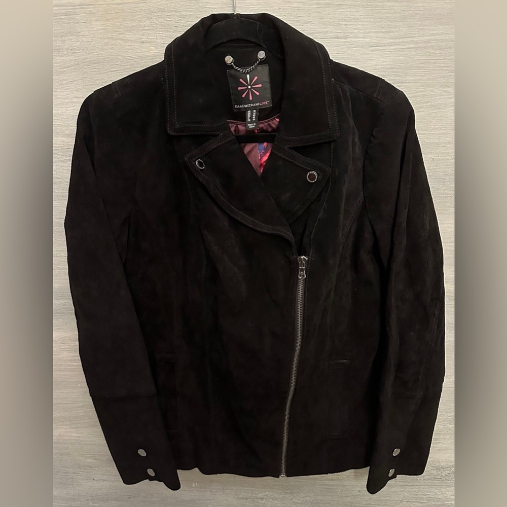 Isaac Mizrahi Live Size 10 Black Faux Suede Jacket Hot Pink Lining GC